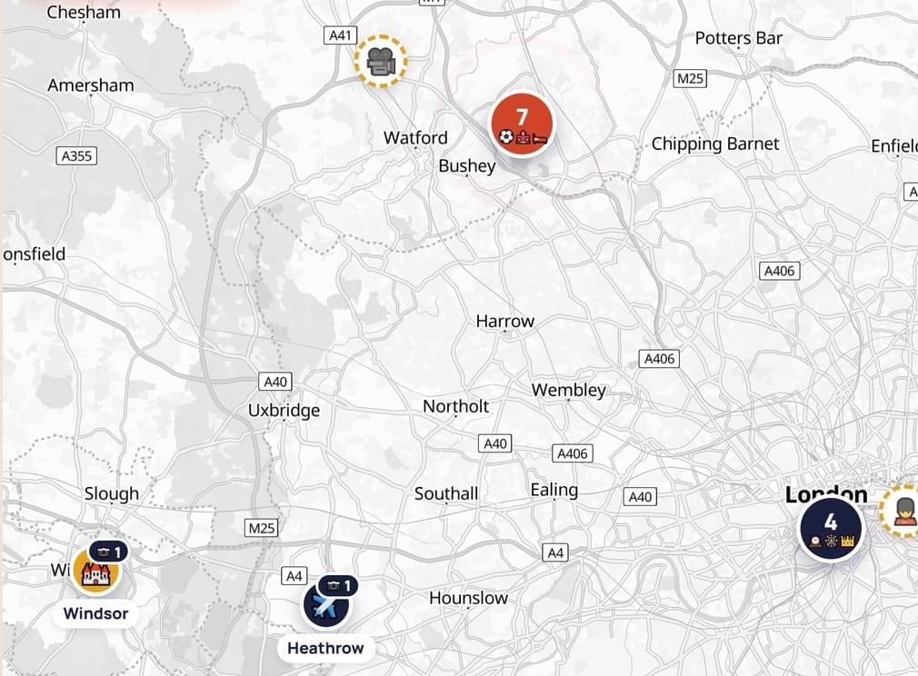 Mapa del grupo de Aldenham: el colegio, Windsor, Heathrow y Londres
