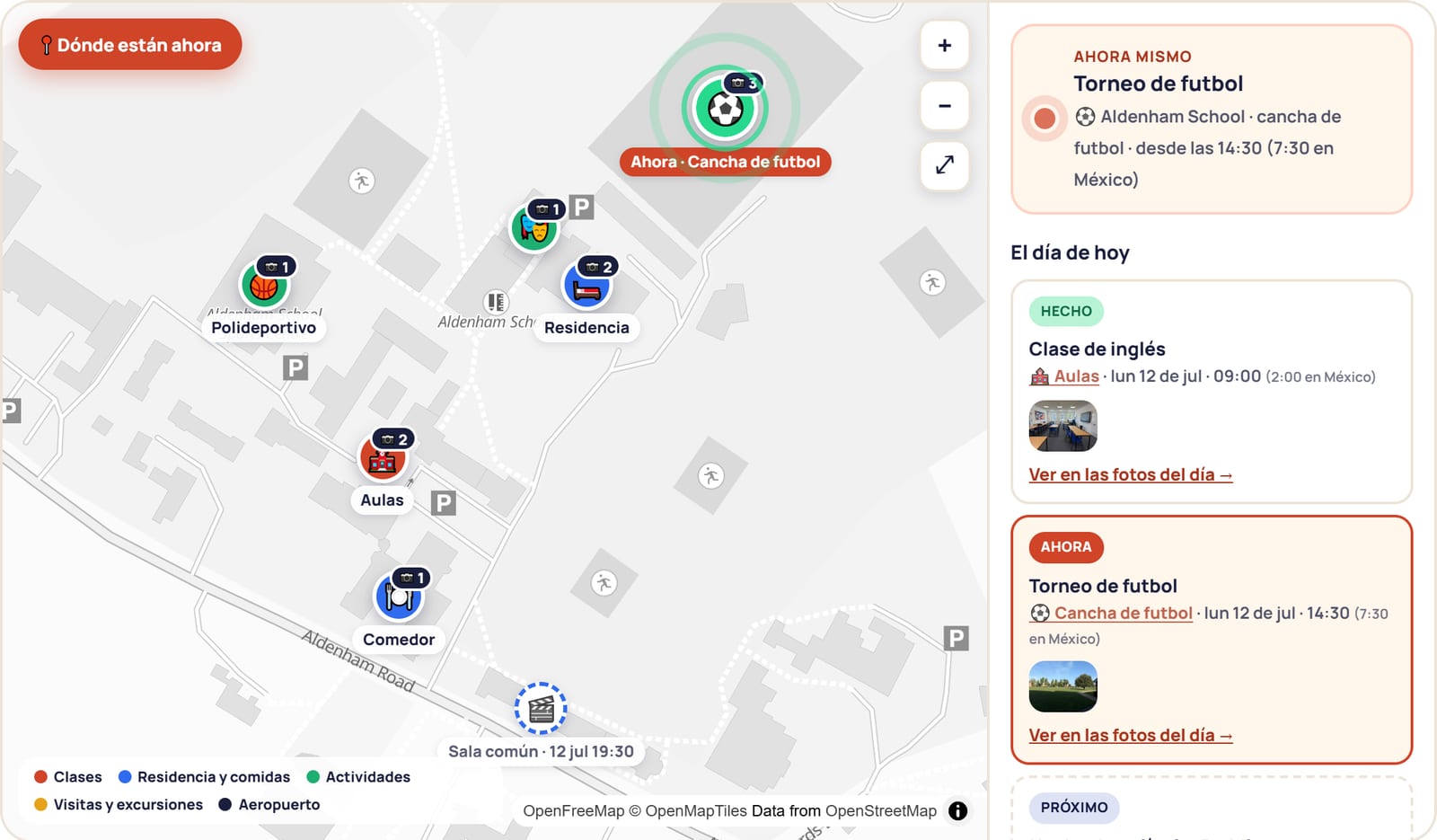 El mapa del portal de padres en Aldenham: el punto de la cancha de futbol parpadea porque el grupo está ahí ahora